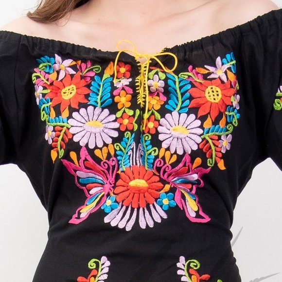 Tecali Mexican Embroidered Black Dress - Picture 3 of 7
